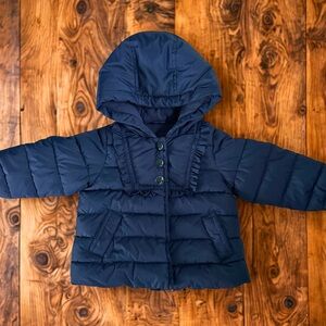 baby GAP Navy Blue Ruffled Hooded Puffer Jacket 12-18 Months
